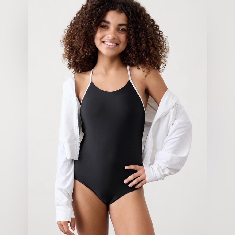 NWOT Athleta Girl Adjustable Black/White One Piece Swimsuit size 16.